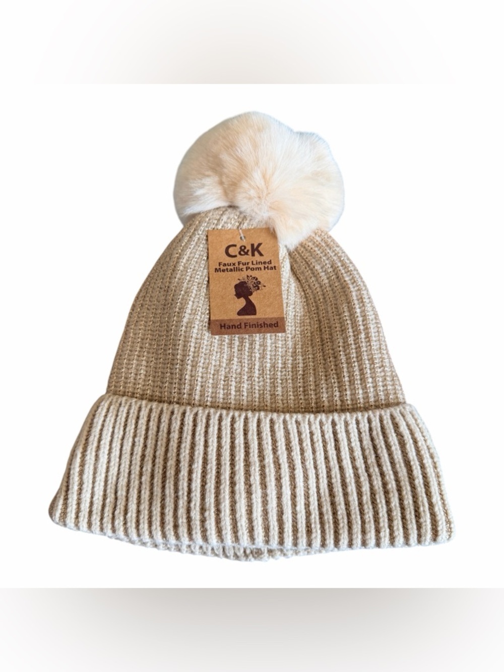 NWT Women’s Metallic Faux Fur Pom Beanie - Cream